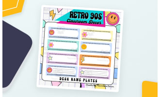 90s Retro Theme Student Desk Name Plates Editable