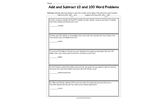 Add and Subtract 10 and 100 Word Problems Worksheet