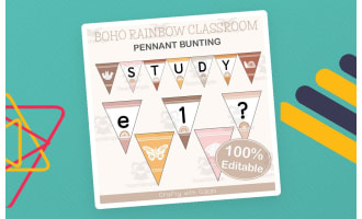 Alphabet Pennant Bunting in Boho Rainbow Theme - 100% Editable