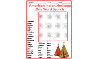 American Indian Heritage Day Word Search 2rd 3th 4th 5th Grade