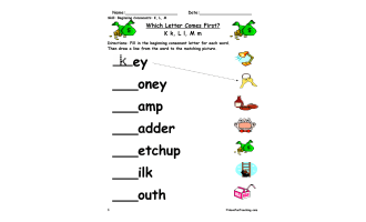Beginning Sounds K, L, M Worksheet