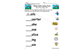 Beginning Sounds N, P, Q, R Worksheet
