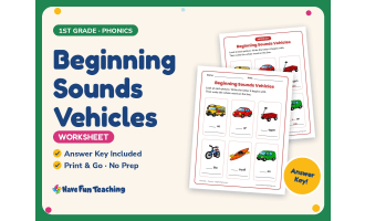 Beginning Sounds Vehicles Worksheet – 1st Grade Transportation