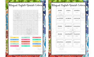Bilingual English-Spanish Colors word search, scramble and crossword p