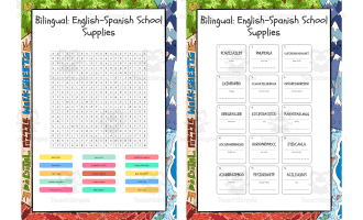 Bilingual English-Spanish School Supplies word search, scramble and cr