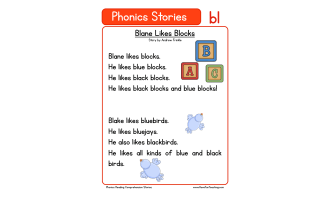 Blane Likes Blocks BL Phonics Stories Reading Comprehension Worksheet