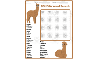 BOLIVIA Word Search Puzzle Worksheet Activity
