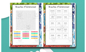 Branches of Government word search, scramble and crossword puzzle