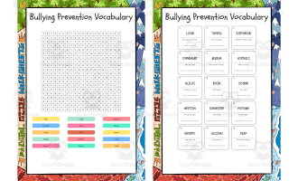 Bullying Prevention Vocabulary word search, scramble and crossword puz