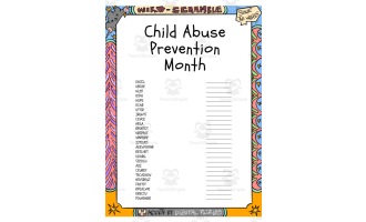 Child Abuse Prevention Month word Scramble puzzle worksheet