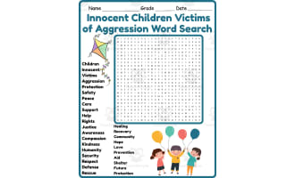 Children Victims of Aggression Word Search 2nd 3rd 4th 5th grade
