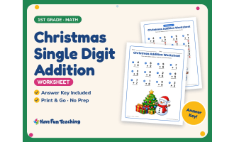 Christmas Single Digit Addition Worksheet – 1st Grade Math Practice