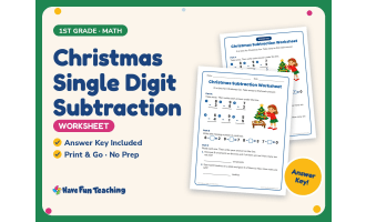 Christmas Single Digit Subtraction Worksheet – 1st Grade Math Practice