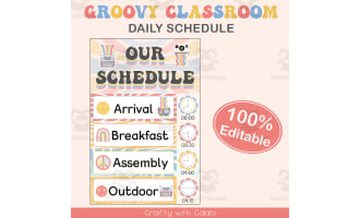 Classroom Schedule with Clocks in Pastel Groovy Theme - 100% Editable
