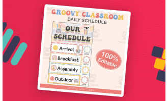 Classroom Schedule with Clocks in Pastel Groovy Theme - 100% Editable