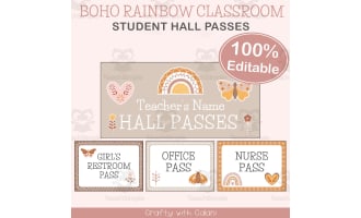 Classroom Student Hall Pass in Boho Rainbow Theme - 100% Editable
