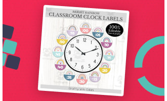 Clock Label Classroom Decoration in  Pastel Rainbow - 100% Editable