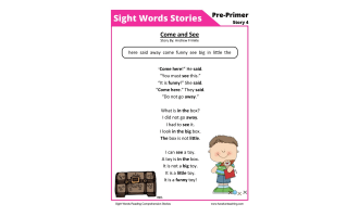 Come and See Pre-Primer Sight Words Reading Comprehension Worksheet