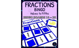 Common Fractions 1/2 - 1/5s Activity - Bingo Game - Fraction Symbols - Boards 16-20