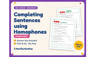 Completing Sentences using Homophones Worksheet – 3rd Grade Grammar