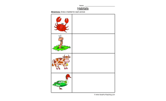 Crab, Worm, Cow, Duck Animal Habitats Worksheet