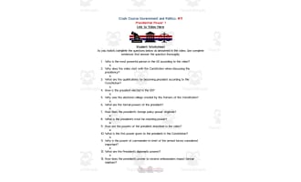 Crash Course Government Episode Worksheet | 11 - Presidential Power 1