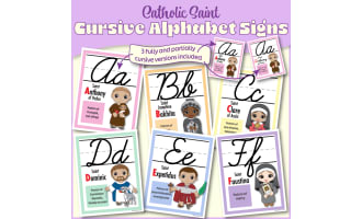 Cursive Alphabet Posters w/Catholic Saints | ABC Signs Classroom Decor