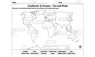 Continents & Oceans Map – Cut and Paste Worksheet