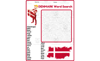 DENMARK Word Search Puzzle Worksheet Activity