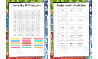 Dental Health Vocabulary word search, scramble and crossword puzzle