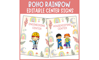 Editable Boho rainbow neutral themed center sign classroom decoration