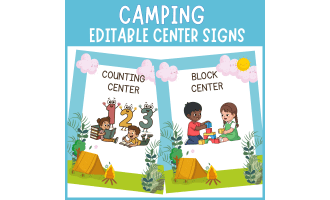 Editable camping outdoor nature themed center sign classroom decor