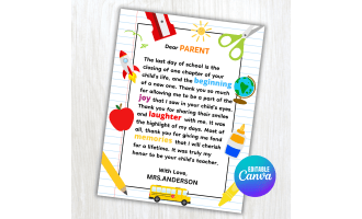 Editable End of Year Teacher Letter To Parents Last Day School Gift
