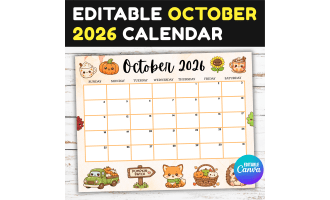 EDITABLE October 2026 2027 Calendar, Autumn Monthly School Calendar