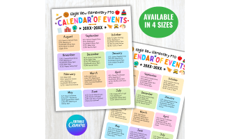 Editable PTA PTO Event Calendar, School Year Calendar, Yearly Calendar