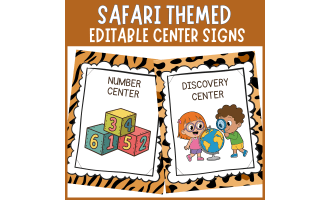 Editable safari jungle animal print themed center sign classroom decor