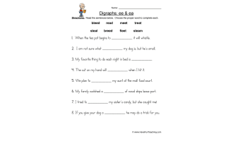 EE EA Digraphs Word Bank Worksheet