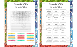 Elements of the Periodic Table word search, scramble and crossword puz