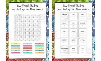ELL Social Studies Vocabulary for Newcomers word search, scramble and