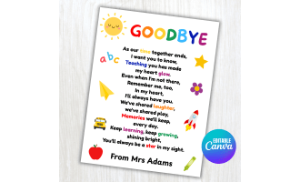 End of the Year Letter from Teacher to Student Goodbye Poem Gift