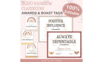 End Of Year Classroom Awards in Boho Rainbow Theme - 100% Editable