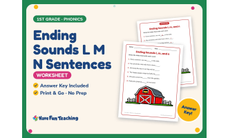 Ending Sounds L M N Sentences Worksheet – 1st Grade Consonants