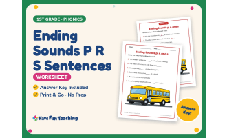 Ending Sounds P R S Sentences Worksheet – 1st Grade Consonants