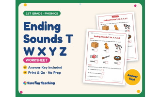 Ending Sounds T W X Y Z Worksheet – 1st Grade Consonants Practice