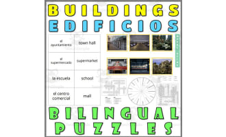 English Spanish Vocabulary Flash Cards Worksheets Puzzles BUILDINGS