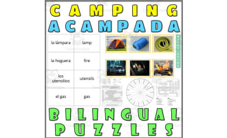 English Spanish Vocabulary Flash Cards Worksheets Puzzles CAMPING
