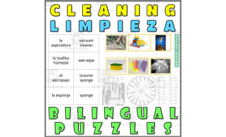 English Spanish Vocabulary Flash Cards Worksheets Puzzles CLEANING