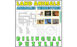 English Spanish Vocabulary Flash Cards Worksheets Puzzles LAND ANIMALS