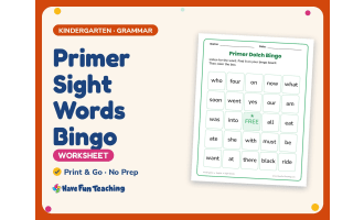 English Worksheet: Primer Sight Words Bingo – Kindergarten Grammar