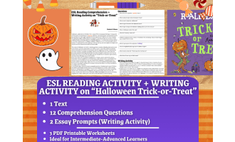 ESL Reading Comprehension + Essay Worksheet - Halloween Trick or Treat